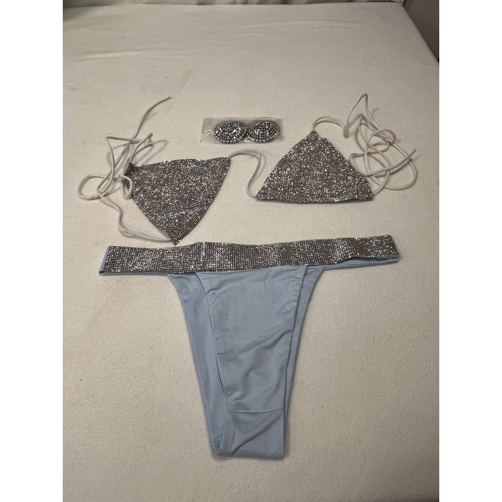 Hot & Delicious Rhinestone Bikini Set Festival Swimwear Silver Size L - Picture 1 of 15